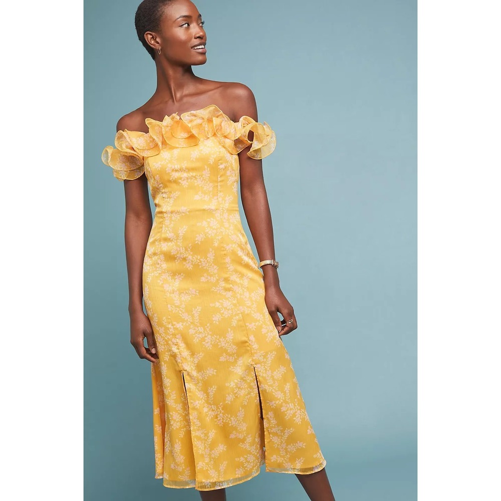 Keepsake The Label Embrace Midi Dress Yellow Floral Ruffle Off Shoulder XXS 00